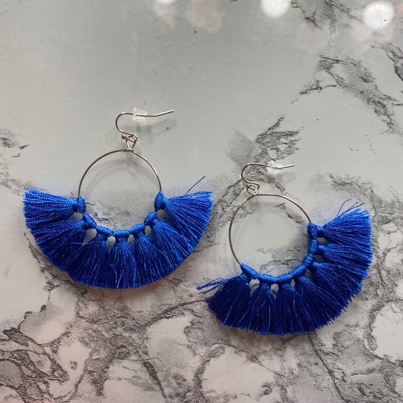Royal Blue Tassel Hoop Earrings - Picture 1 of 2